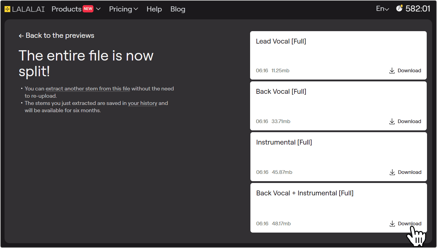 Download button next to the Back Vocal + Instrumental stem