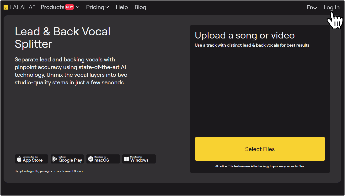 LALAL.AI Lead & Back Vocal Splitter page