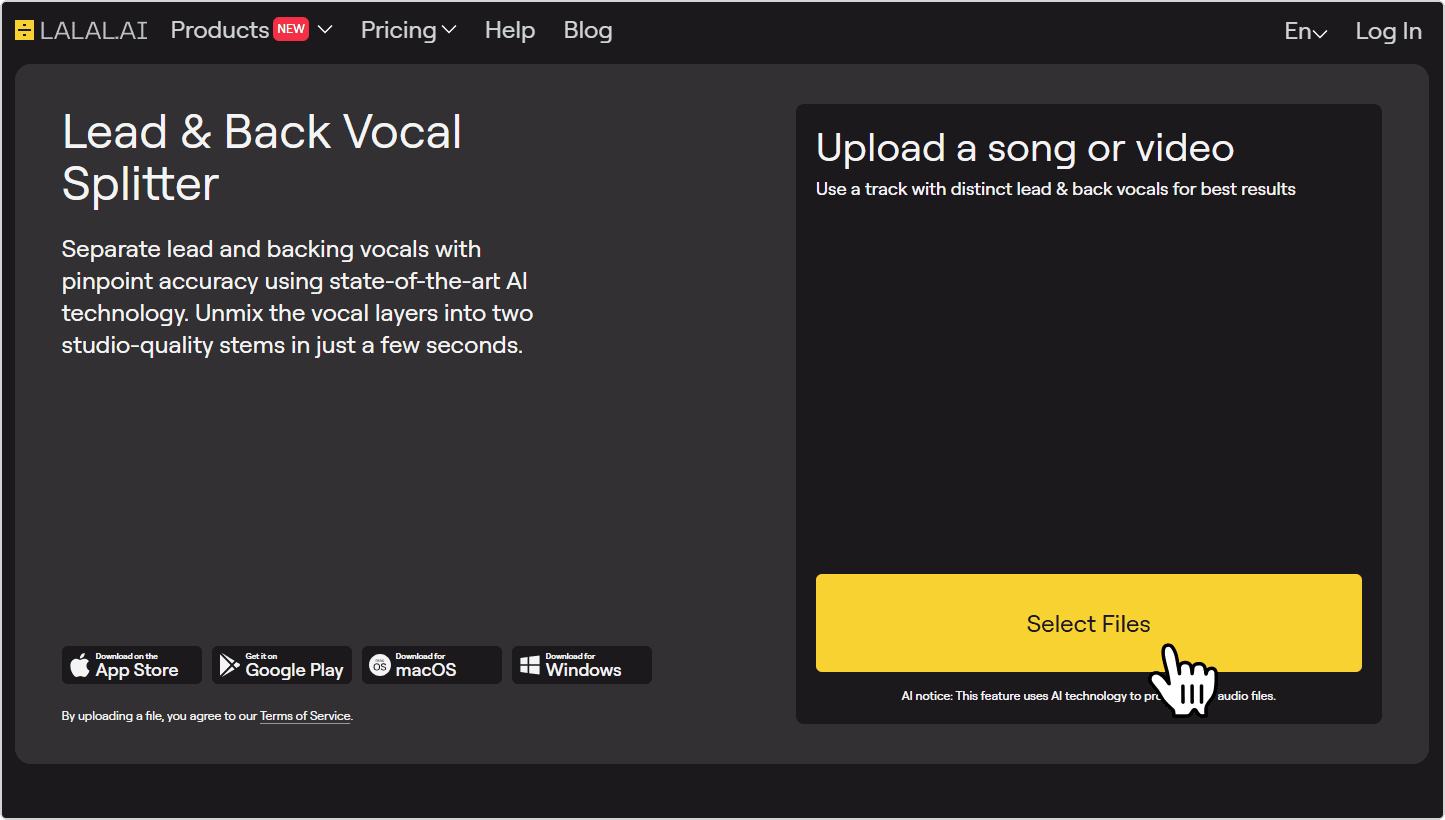 Upload an audio or video file to the splitter