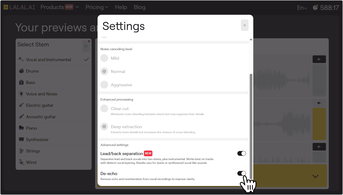 De-Echo toggle in the splitter settings