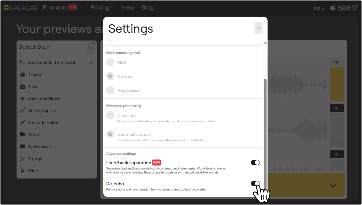 De-Echo toggle in the splitter settings