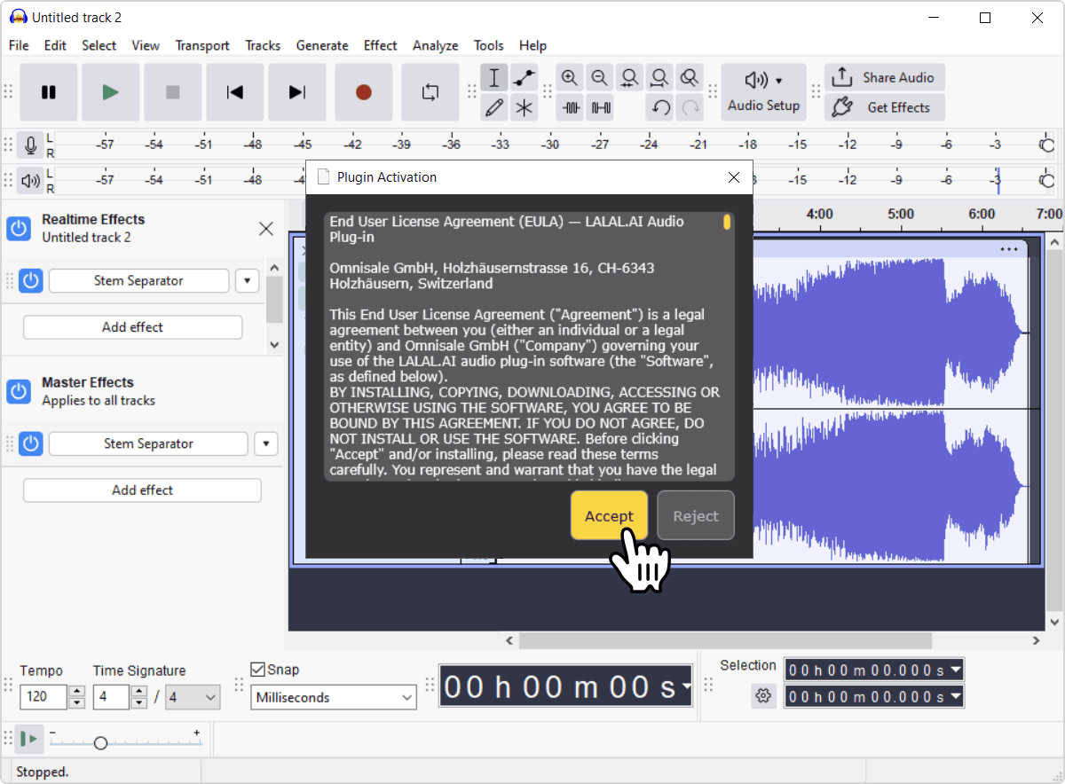 End-user license agreement shown inside the plugin