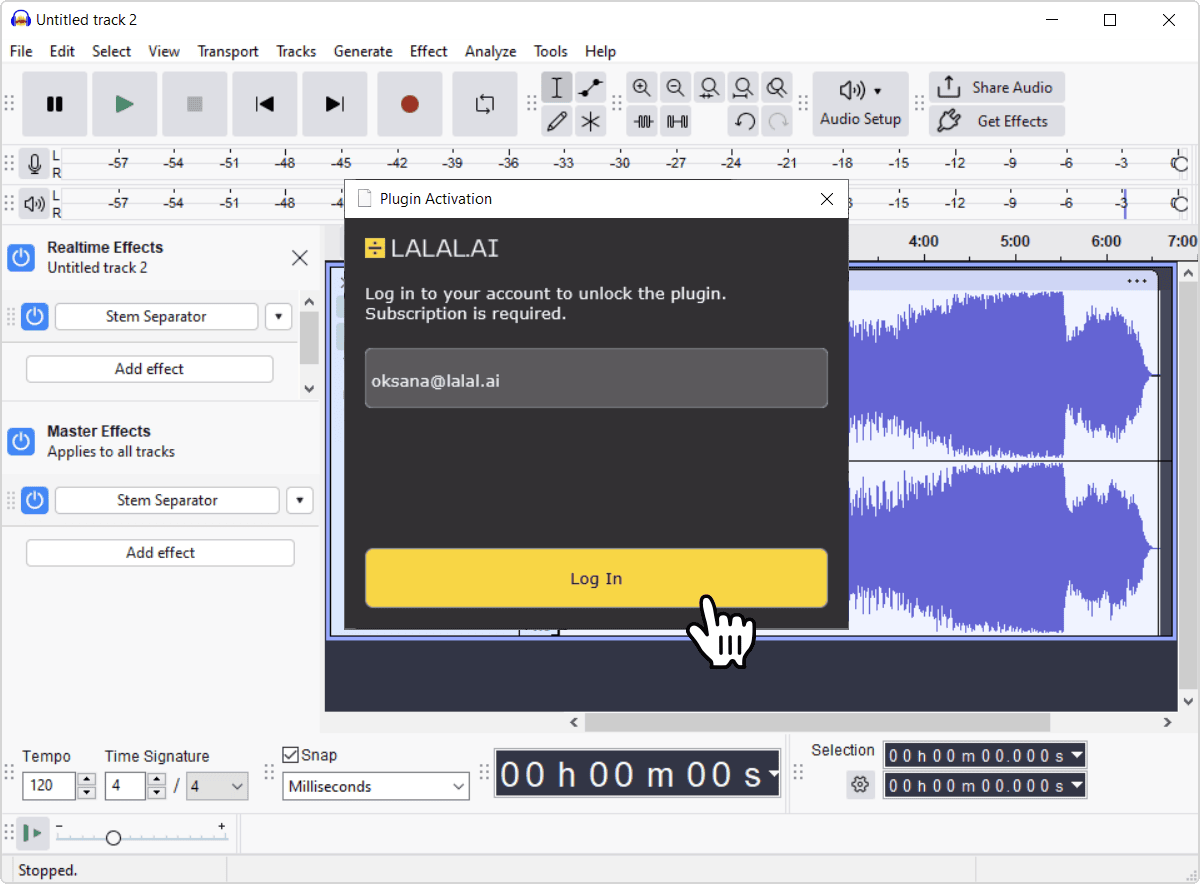 Email field and Log In button on the plugin activation screen