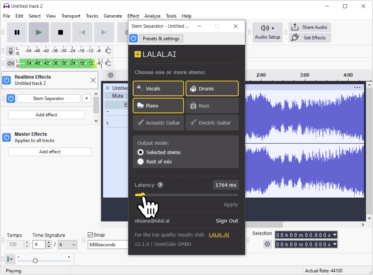 Latency slider and Calibrate control in the plugin