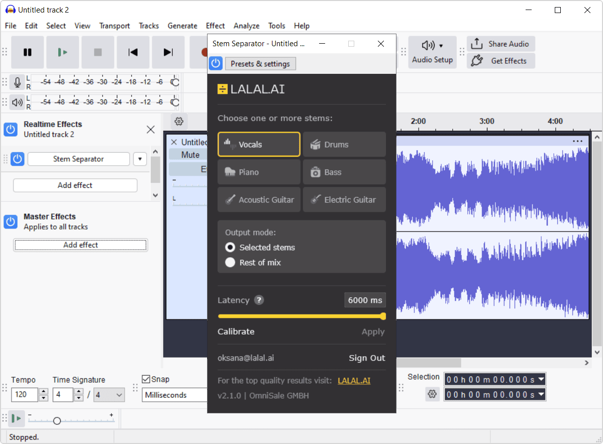 Plugin set up on a track before rendering