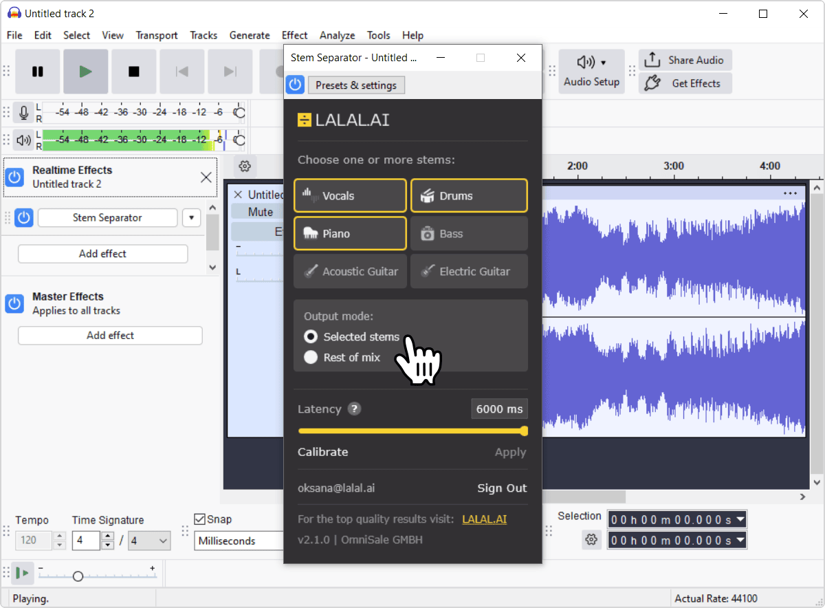 Output mode options: Selected stems and Rest of mix