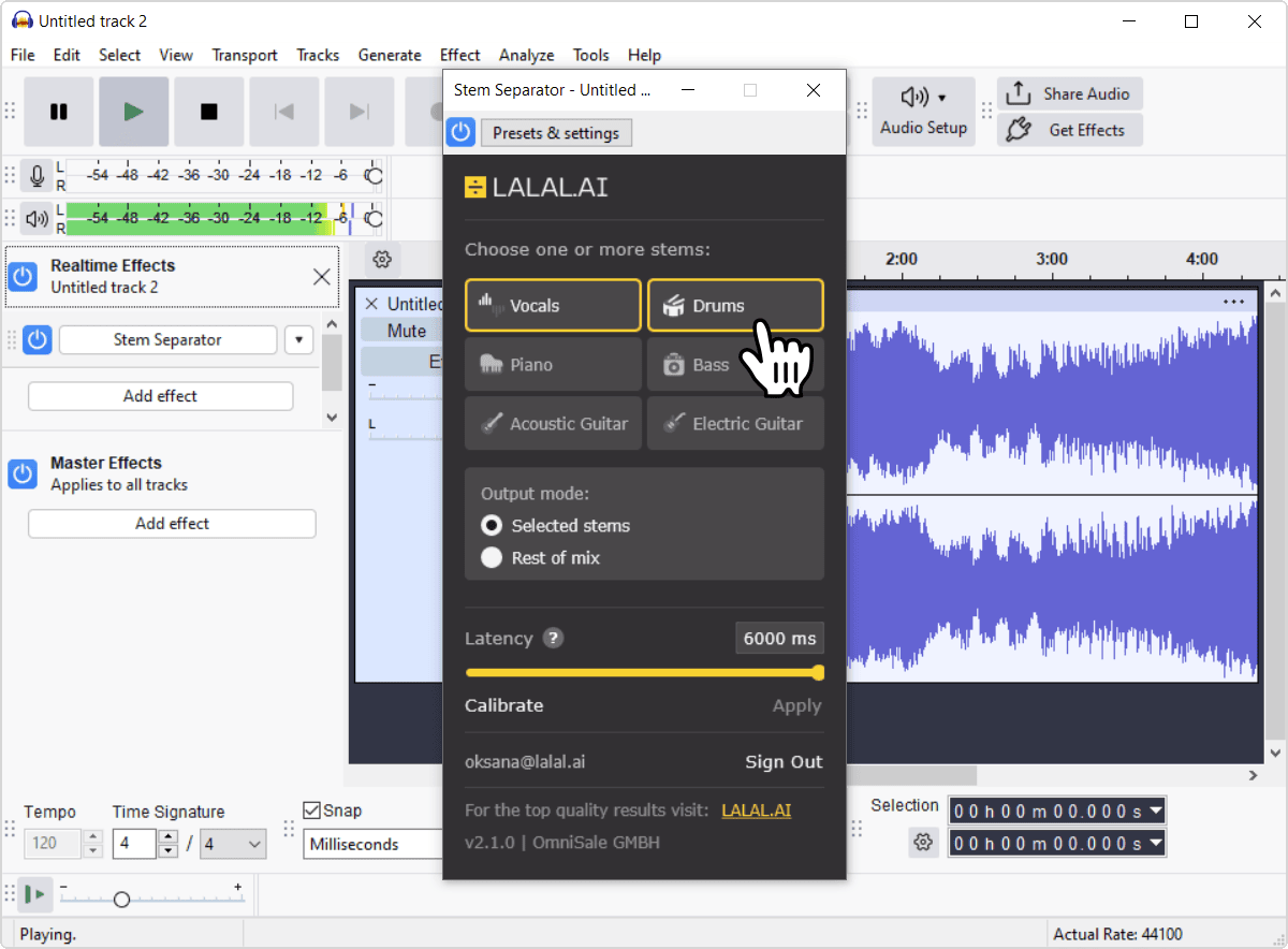 Stem buttons in the plugin with Vocals and Drums enabled